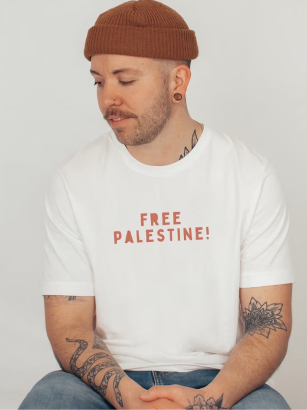 Gildan White Tee with Rust Text - Free Palestine